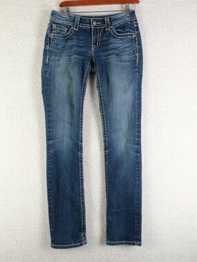 Miss Me Jeans Womens 27 Blue Straight Pearls Jewels Stone Wash Y2K JE5651TL 33"